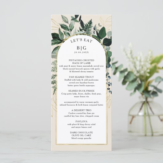 Ivory beige elegant Moderne botanische bruiloft Menu (Staand voorkant)