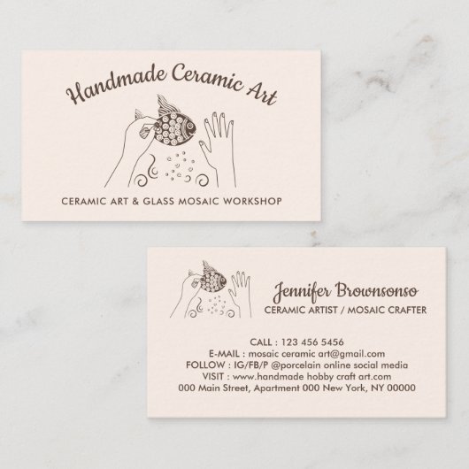 Ivory Beige Handmade Hobby Ceramic Fish Mosaic Visitekaartje (Voorkant / Achterkant)