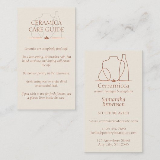 Ivory Beige Pottery Clay Ceramic Care Instructions Visitekaartje (Voorkant / Achterkant)