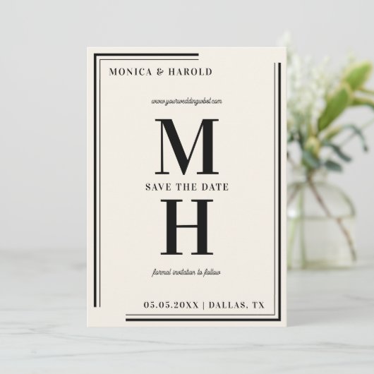 Ivory & Black Big Bold Monogram Stijlvol Save The Date (Staand voorkant)