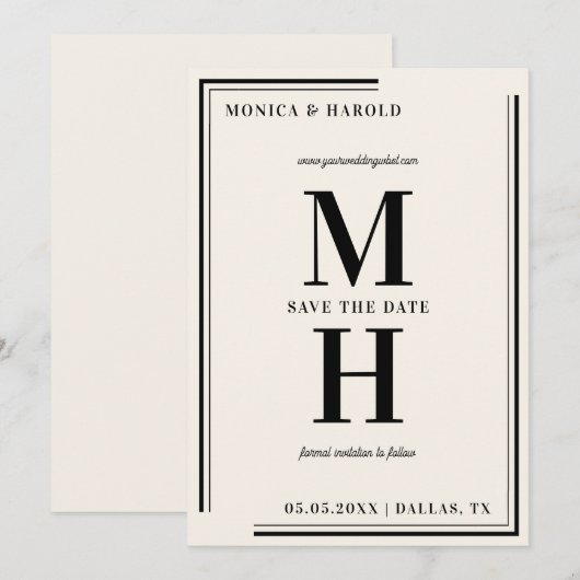 Ivory & Black Big Bold Monogram Stijlvol Save The Date (Voorkant / Achterkant)
