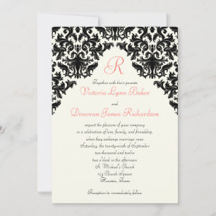 Ivory, Black, Coral Damask Monogrammed Invite Kaart