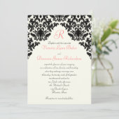 Ivory, Black, Coral Damask Monogrammed Invite Kaart (Staand voorkant)
