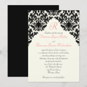 Ivory, Black, Coral Damask Monogrammed Invite Kaart (Voorkant / Achterkant)