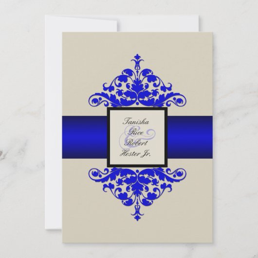 Ivory Black en Blue Damask Wedding Invitation Kaart (Voorkant)