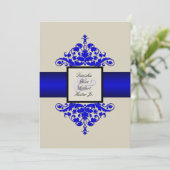 Ivory Black en Blue Damask Wedding Invitation Kaart (Staand voorkant)