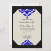 Ivory Black en Blue Damask Wedding Invitation Kaart (Achterkant)