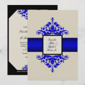 Ivory Black en Blue Damask Wedding Invitation Kaart (Voorkant / Achterkant)