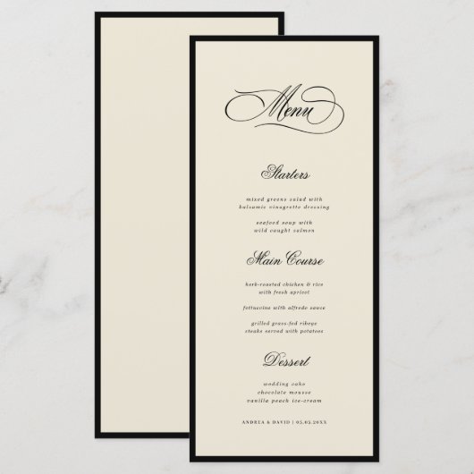 Ivory & Black Old Money Aesthetic Retro Wedding Menu (Voorkant / Achterkant)