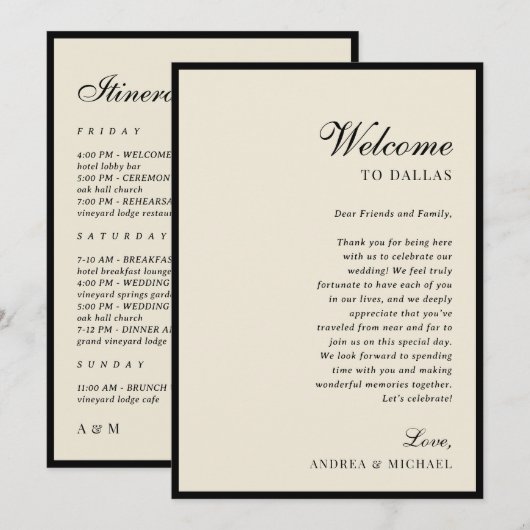 Ivory & Black Old Money Wedding Itinerary Card Kaart (Voorkant / Achterkant)