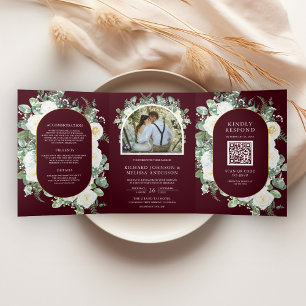 Ivory Bloem Foto Bourgondië QR Code Bruiloft Drieluik Uitnodiging
