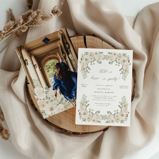 Ivory Bloemen Border Foto Graduation Party Uitnodi Kaart