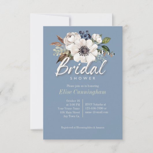 Ivory bloemen op blauw-bruindoucheuitnodigingen kaart (Voorkant)