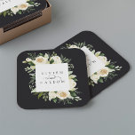 Ivory Bloom | Aangepersonaliseerde Floral Lijst We Kartonnen Onderzetters<br><div class="desc">Ons Ivory Bloom waterverf florale bruiloft collectie is voorzien van fijngeschilderde waterverf groen,  eucalyptusbladeren,  groene botanische bladeren en witte en ivoren pony-bloemen. Personaliseer deze douane onderzetters met uw namen,  die door een decoratief manuscriptaccent worden aangesloten.</div>