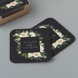 Ivory Bloom | Aangepersonaliseerde Floral Lijst We Kartonnen Onderzetters<br><div class="desc">Ons Ivory Bloom waterverf florale bruiloft collectie is voorzien van fijngeschilderde waterverf groen,  eucalyptusbladeren,  groene botanische bladeren en witte en ivoren pony-bloemen. Personaliseer deze douane onderzetters met uw namen,  die door een decoratief manuscriptaccent worden aangesloten.</div>