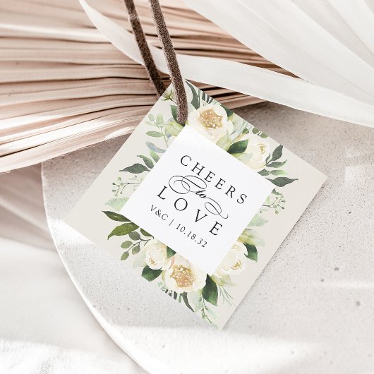 Ivory Bloom Floral Lijst "Cheers to Love" Weddensc Bedankjes Labels