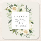 Ivory Bloom Floral Lijst "Cheers to Love" Weddensc Kartonnen Onderzetters (Voorkant)