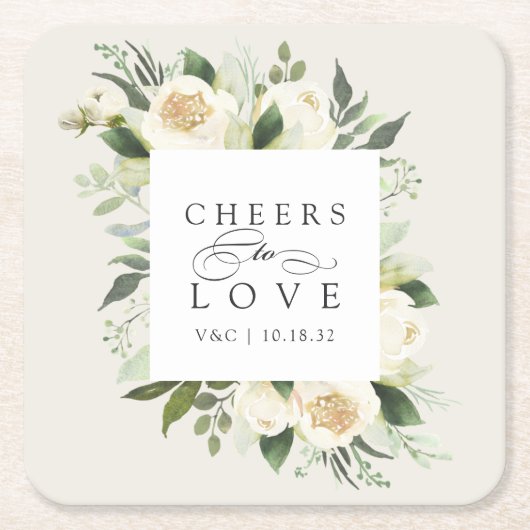Ivory Bloom Floral Lijst "Cheers to Love" Weddensc Kartonnen Onderzetters (Voorkant)