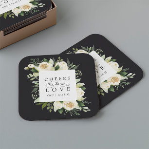 Ivory Bloom Floral Lijst "Cheers to Love" Weddensc Kartonnen Onderzetters