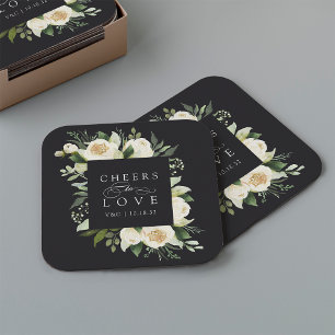 Ivory Bloom Floral Lijst "Cheers to Love" Weddensc Kartonnen Onderzetters