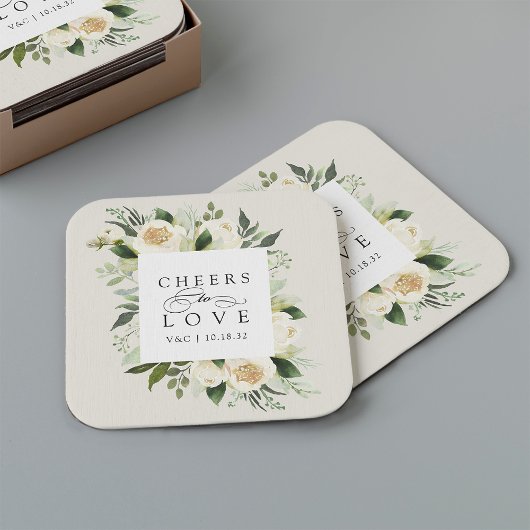 Ivory Bloom Floral Lijst "Cheers to Love" Weddensc Kartonnen Onderzetters