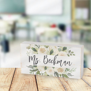 Ivory Bloom Floral Teacher Name Classroom Houten Kist Print