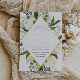 Ivory Bloom | Geometrische bloemrijke kaderhuwelij Folie Uitnodiging