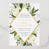 Ivory Bloom | Geometrische bloemrijke kaderhuwelij Folie Uitnodiging (Voorkant)