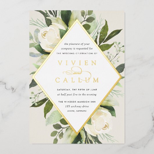 Ivory Bloom | Geometrische Floral Lijst Weddenscha Folie Uitnodiging (Voorkant)