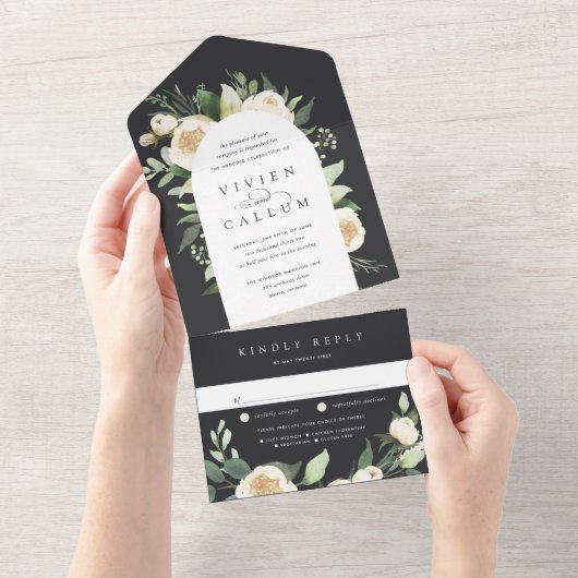 Ivory Bloom | Waterverf Floral Arch Wedding All In One Uitnodiging (Afscheurbaar)