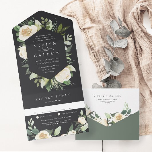 Ivory Bloom | Waterverf Floral Lijst Wedding All In One Uitnodiging