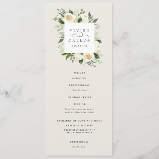 Ivory Bloom | Waterverf Floral Lijst Wedding Programmakaart (Voorkant)