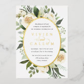 Ivory Bloom | Waterverf Floral Oval Lijst Weddensc Folie Uitnodiging (Voorkant)