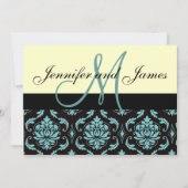 Ivory Blue Damask Wedding Invitation met Monogram Kaart (Voorkant)