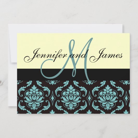 Ivory Blue Damask Wedding Invitation met Monogram Kaart (Voorkant)