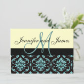 Ivory Blue Damask Wedding Invitation met Monogram Kaart (Staand voorkant)