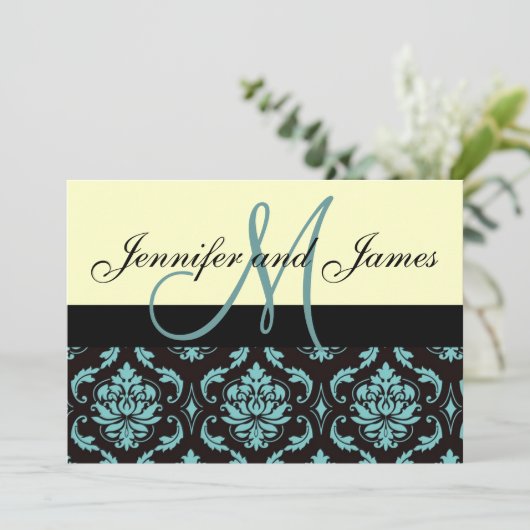 Ivory Blue Damask Wedding Invitation met Monogram Kaart (Staand voorkant)