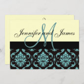 Ivory Blue Damask Wedding Invitation met Monogram Kaart (Voorkant / Achterkant)