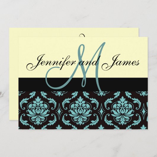 Ivory Blue Damask Wedding Invitation met Monogram Kaart (Voorkant / Achterkant)