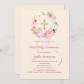 Ivory blush florals bow cross First Communion Kaart (Voorkant / Achterkant)