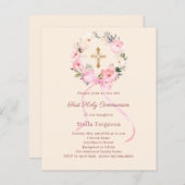 Ivory blush florals bow First Communion invitation (Voorkant / Achterkant)