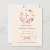 Ivory blush florals bow First Communion invitation (Voorkant)
