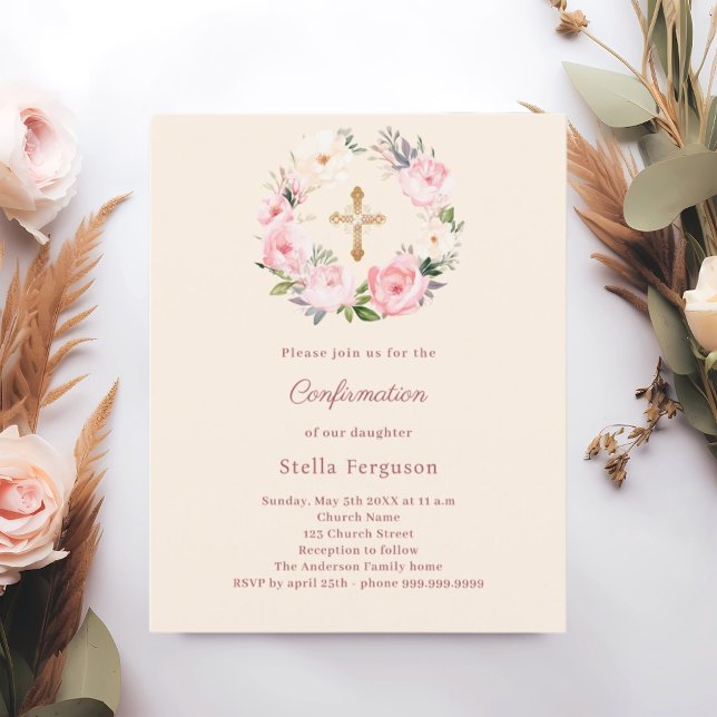 Ivory blush florals cross Confirmation invitation (Creator heeft geüpload)