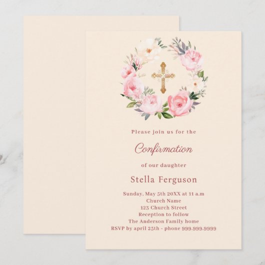 Ivory blush florals cross Confirmation Kaart (Voorkant / Achterkant)