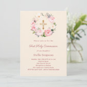 Ivory blush florals cross First Communion Kaart (Staand voorkant)