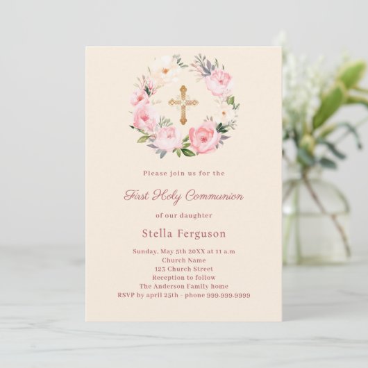Ivory blush florals cross First Communion Kaart (Staand voorkant)