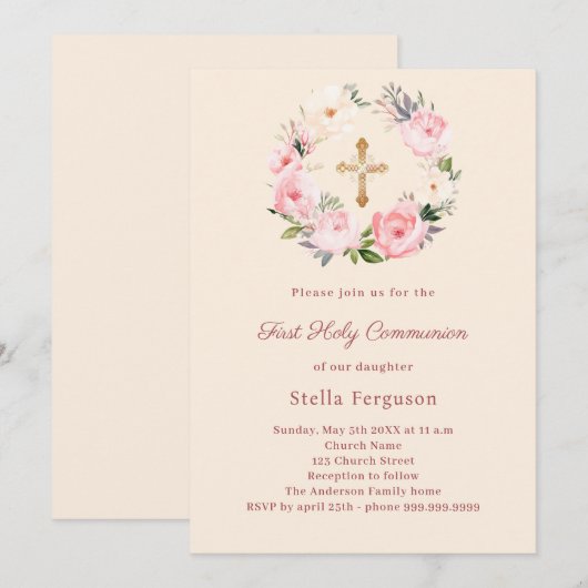 Ivory blush florals cross First Communion Kaart (Voorkant / Achterkant)