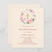 Ivory blush florals First Communion invitation (Voorkant / Achterkant)