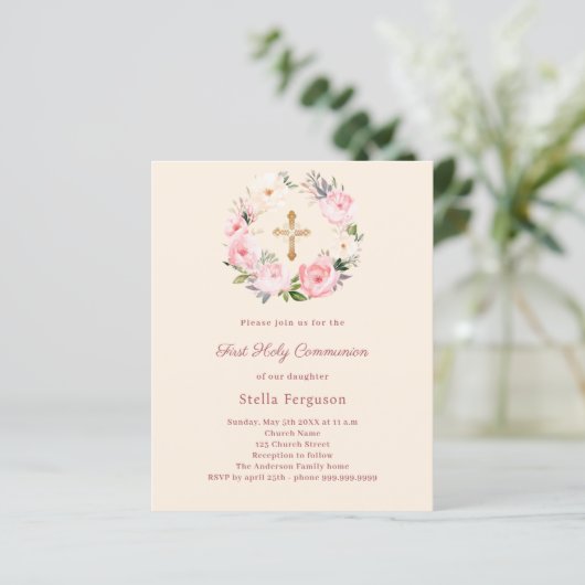 Ivory blush florals First Communion invitation (Staand voorkant)