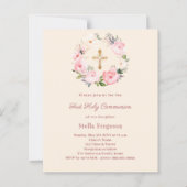 Ivory blush florals First Communion invitation (Voorkant)